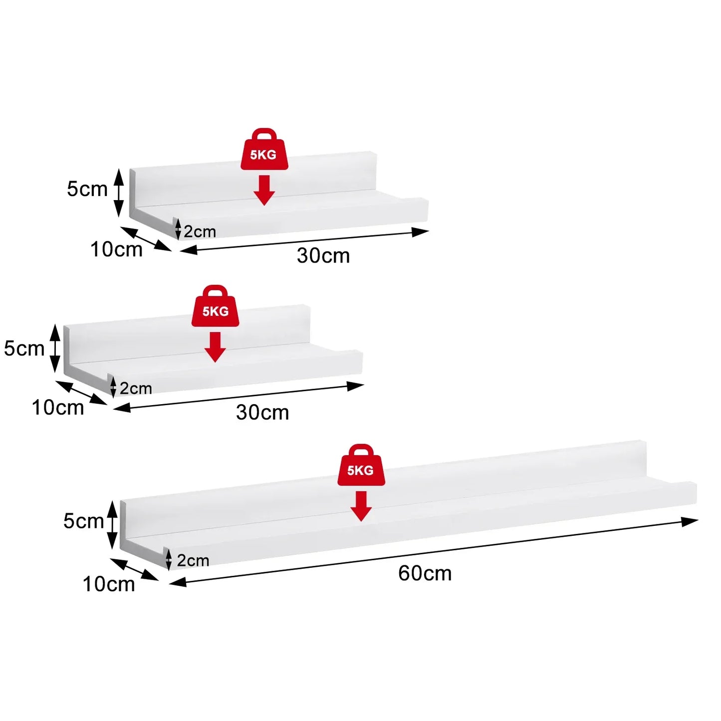 3PCS/Set White Floating Hanging Wall Shelf MDF Picture Magazine Photo Storage Shelf for Living Room Kitchen Bedroom Office