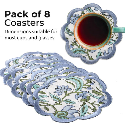 Ridhi Trending New Sky Blue Set of 8 Coasters Hand Block Printed & Embroidered Scallops Coasters for Drinks Wholesale Product