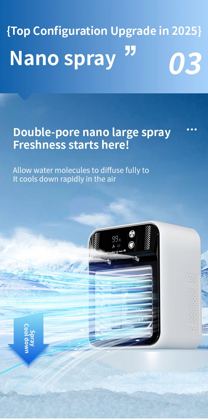 Portable Mini Air Conditioner for Dormitory | Fast Cooling Ultrasonic Nano Mist LCD Display Rechargeable Portable Outdoor Cooler