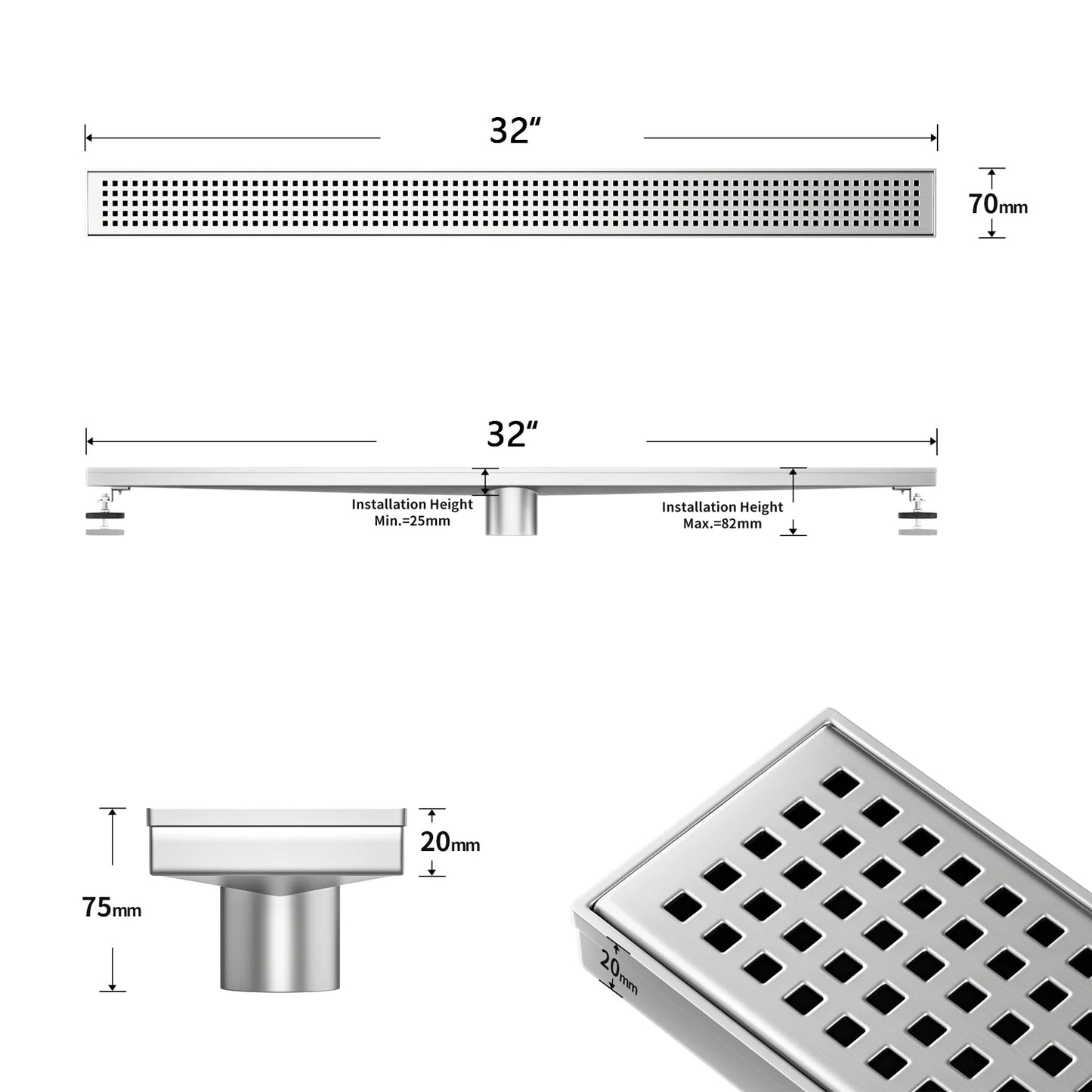 NEODRAIN 32 Inch Modern Stainless Steel Shower Drain Square Slot Cover Direct Drain Style for Bathroom USA Dropship Supported