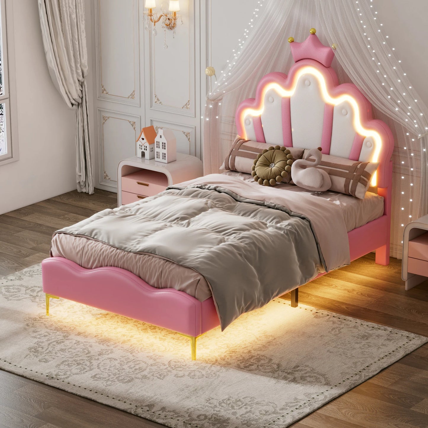 ROSAHQNDA 90x200cm Single bed, crown-shaped princess bed, soft PU leather upholstery with LED light strip, without Mattress