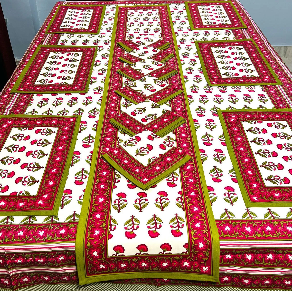 Custom Made Jaipuri Floral Print Dining Table Mats and Napkins Bamboo for 6 Seater in Different Designs & Colours