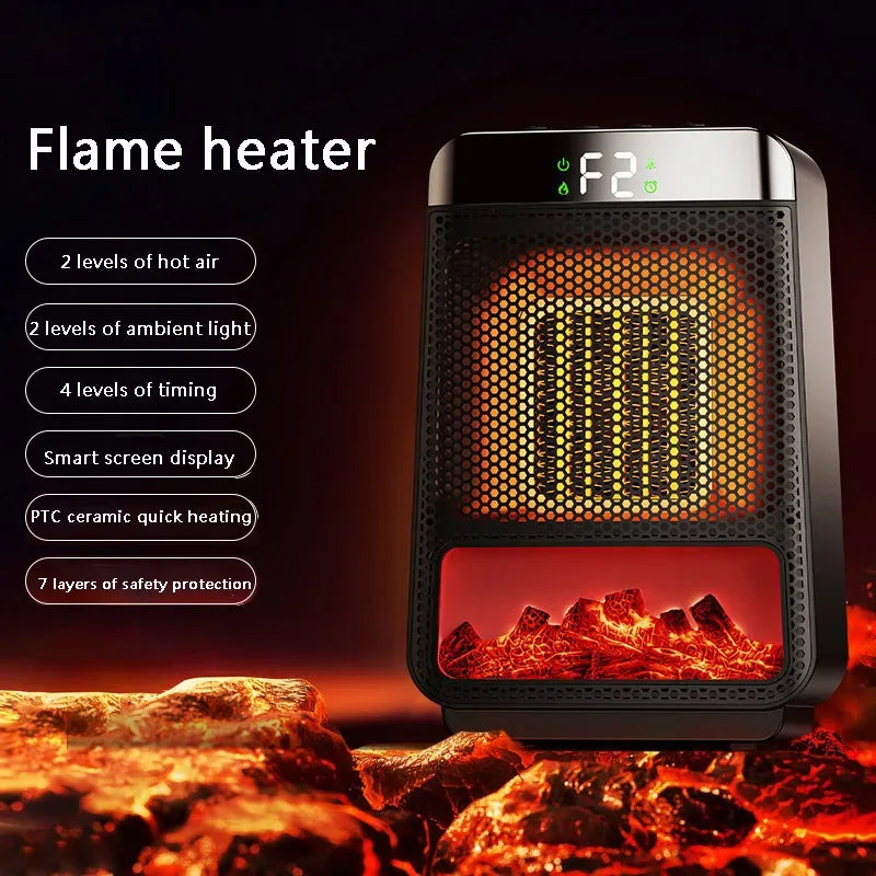 1500W Flame PortableElectric Heater Portable Desktop PTC Heating Fan Warm Air Blower for Household Office Mini Space Heater