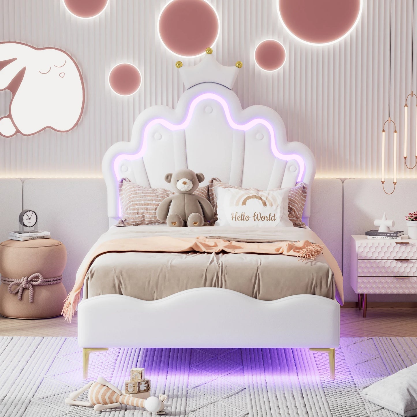 ROSAHQNDA 90x200cm Single bed, crown-shaped princess bed, soft PU leather upholstery with LED light strip, without Mattress