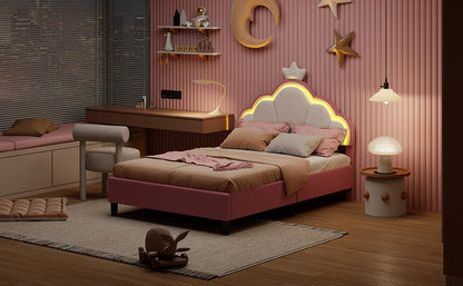 Children's bed 90x200 cm, Princess Crown-shaped bed with Adjustable bed Head, Girl bed with LED, Single bed, Pink