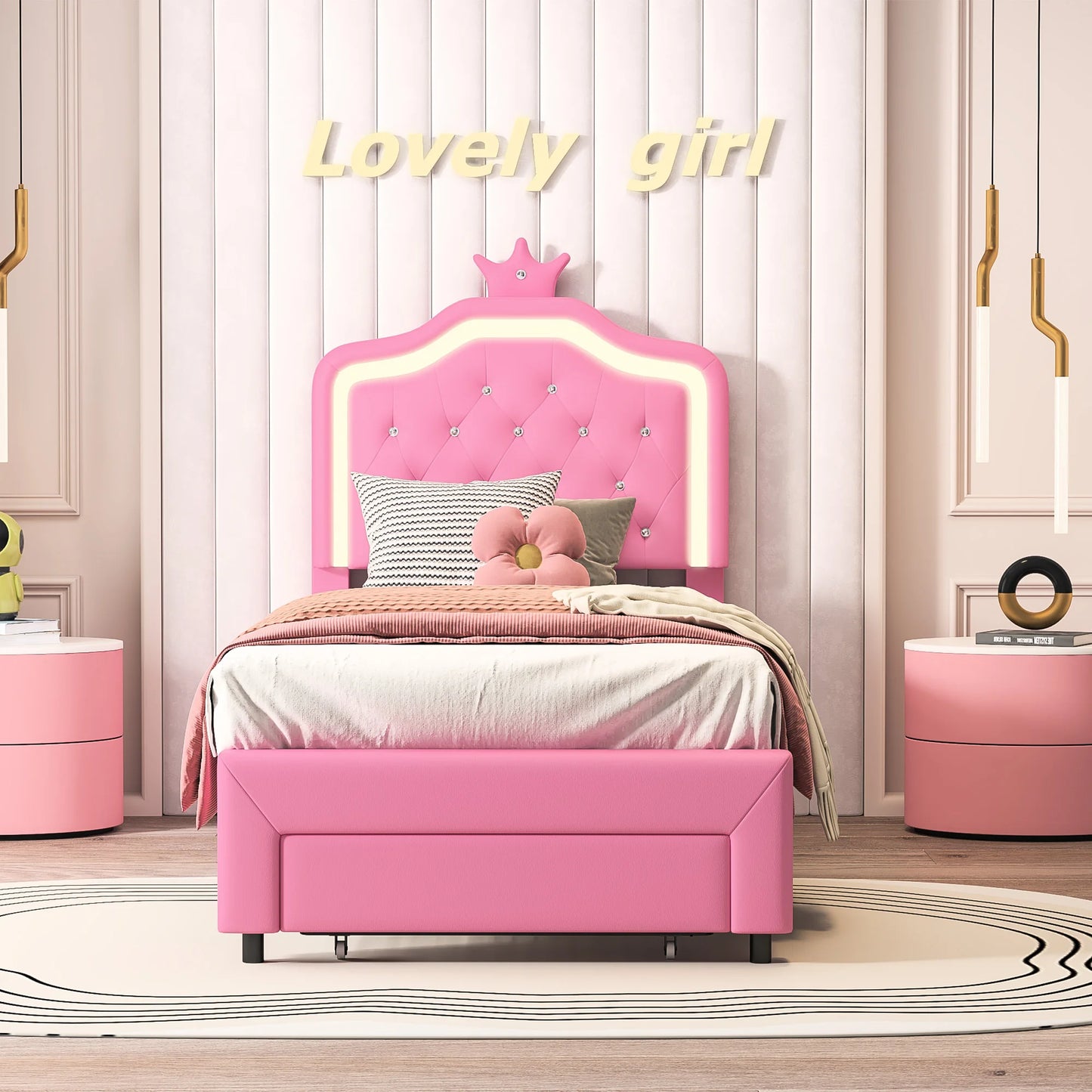 Rosahqnda Children bed Padded Single bed 90*200cm Double Bed 140*200cm girls bed Princesses bed Youth bed Frame PU