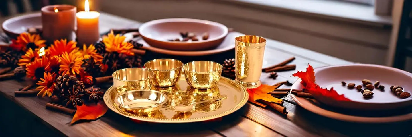 7 Piece Designer Brass Dinner Set Thali Set - 1 Plate, 3 Bowls, 1 Chuttney Bowl & 1 Glass - Dinnerware Tableware Gift Item