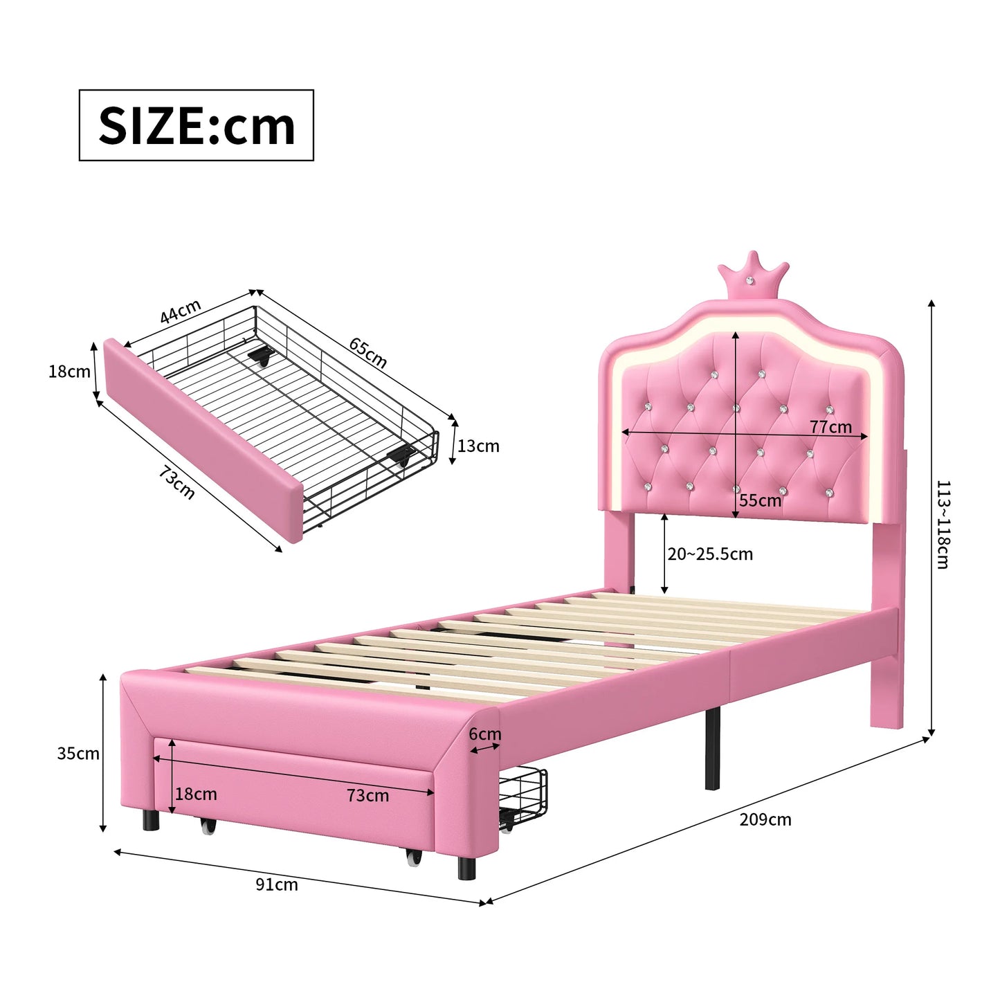 Rosahqnda Children bed Padded Single bed 90*200cm Double Bed 140*200cm girls bed Princesses bed Youth bed Frame PU