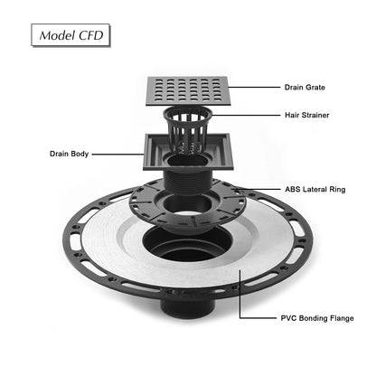 Dropshipping Available Modern 6x6 Inch Black Stainless Steel Square Floor Drain Rectangle Design Plastic Base for Bathroom Use
