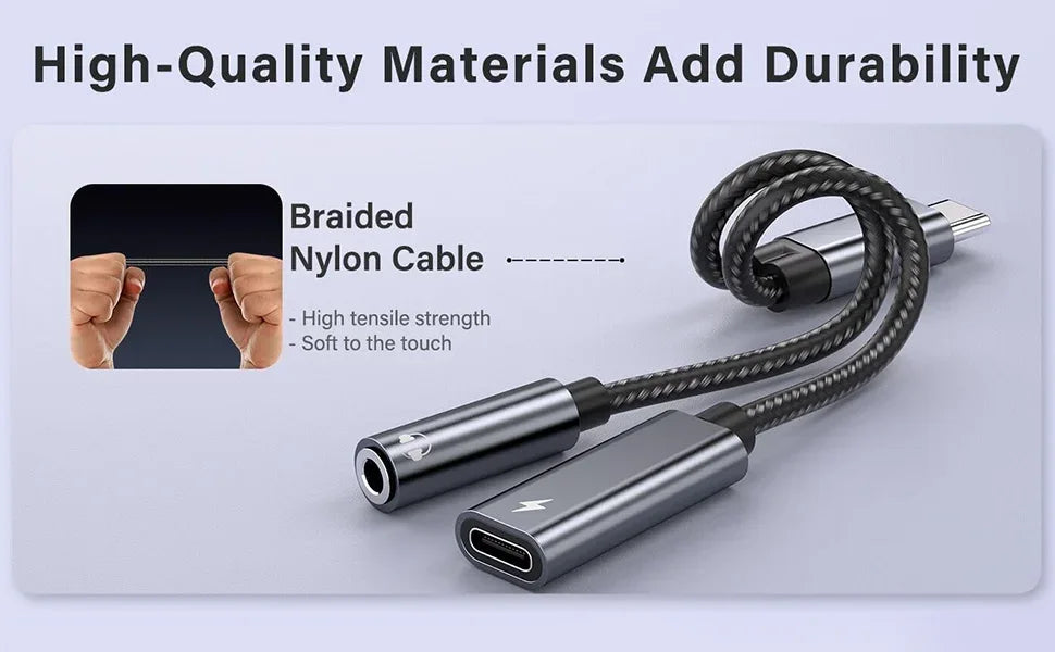 2 in 1 USB C Splitter to 3.5mm Headphone Jack and Charger Adapter PD 60W Fast Charging Audio Dongle for iPhone 15 16 17 Xiaomi