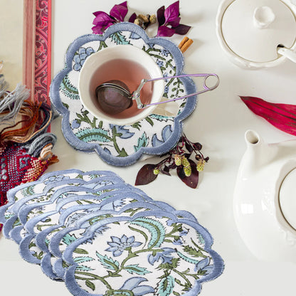 Ridhi Trending New Sky Blue Set of 8 Coasters Hand Block Printed & Embroidered Scallops Coasters for Drinks Wholesale Product