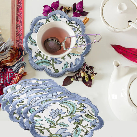 Ridhi Trending New Sky Blue Set of 8 Coasters Hand Block Printed & Embroidered Scallops Coasters for Drinks Wholesale Product
