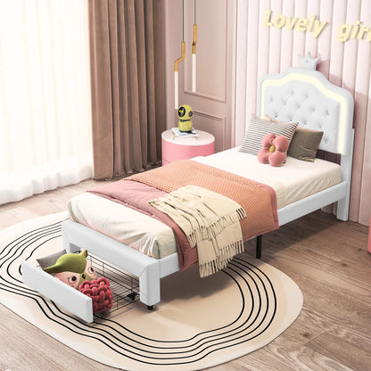 Comanlai Children's Bed  90x200cm with LED Light and Crown-shaped Headboard,Upholstered Bed with Slatted Frame,PU Leather,Pink