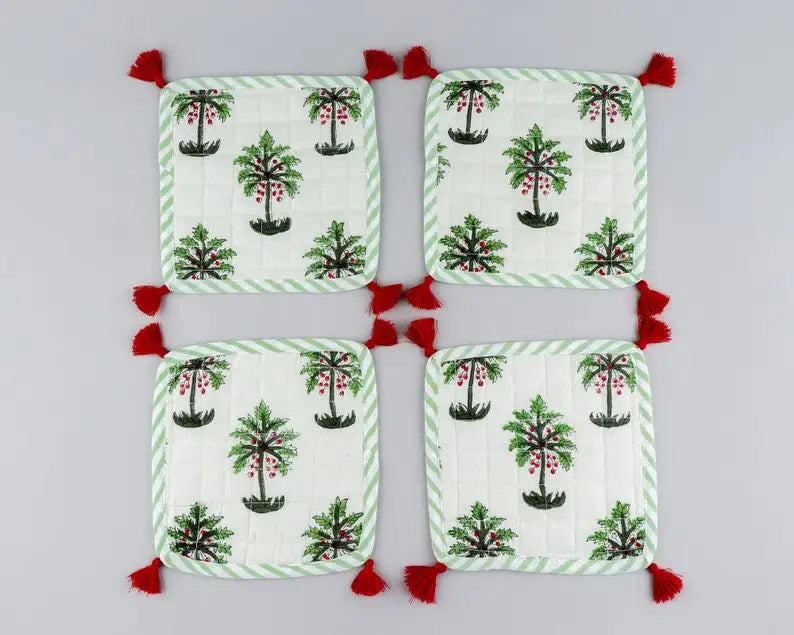White and Green Palm Print Coasters 100% Cotton India Block Printed Fabric Coasters 5*5 Inch for Coffee Mug Coffee Table