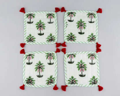 White and Green Palm Print Coasters 100% Cotton India Block Printed Fabric Coasters 5*5 Inch for Coffee Mug Coffee Table