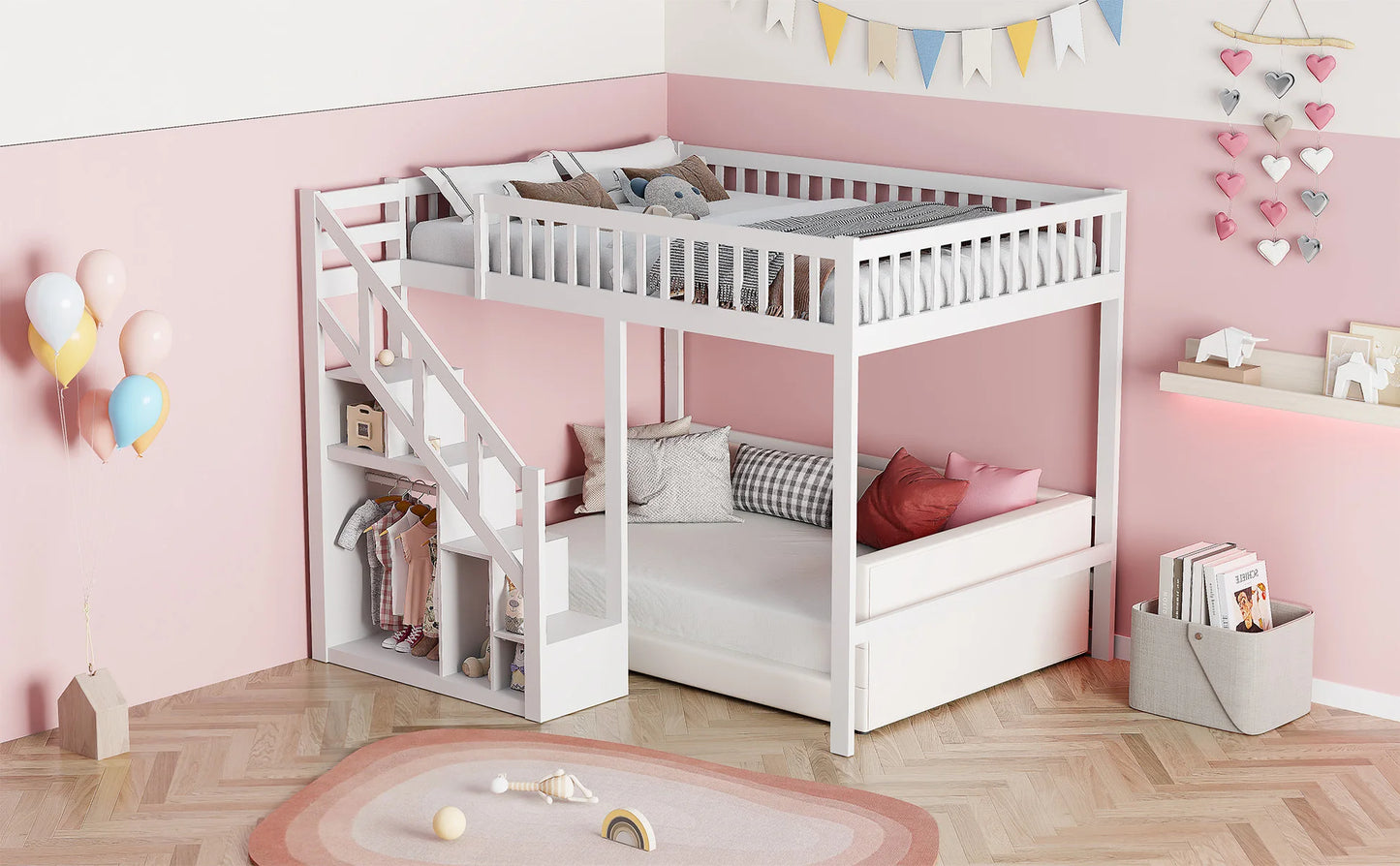 Rosahqnda children's high bed 90x200 cm 140x200 cm, children's bed with crash protection, stair, storage space, bunk bed, solid wood