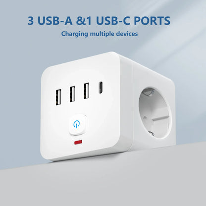 7-in-1 EU Power Strip, Power Strip Surge Protector 3 AC Outlets 3 USB 1 Type-C, Desktop Charging Station With Overload Protecti