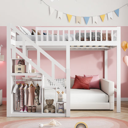 Rosahqnda floors bed youth bed, pine wood bunk bed with safety railings and stowable steps closet