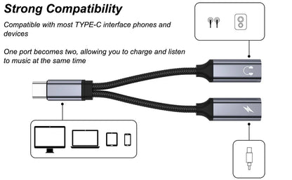 2 in 1 USB C to 3.5mm Headphone and Charger Adapter USB C PD 3.0 Port to Aux Audio Jack Fast Charging Dongle Cable Cord