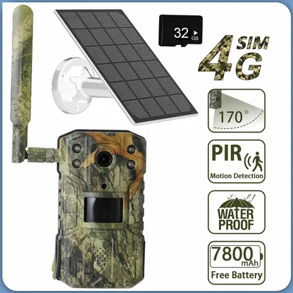 Solar shooting Trail Camera 20M PIR Motion Detection storm Camera 4K 14MP 4G SIM Card 30M Nigh Vision mAh