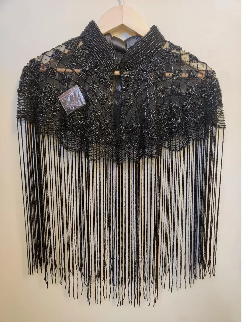 Designer Embroidered Poncho Beaded Crystal Decorations Anti-Static Organza Fabric Hand Fringes Elegant Evening Dresses for