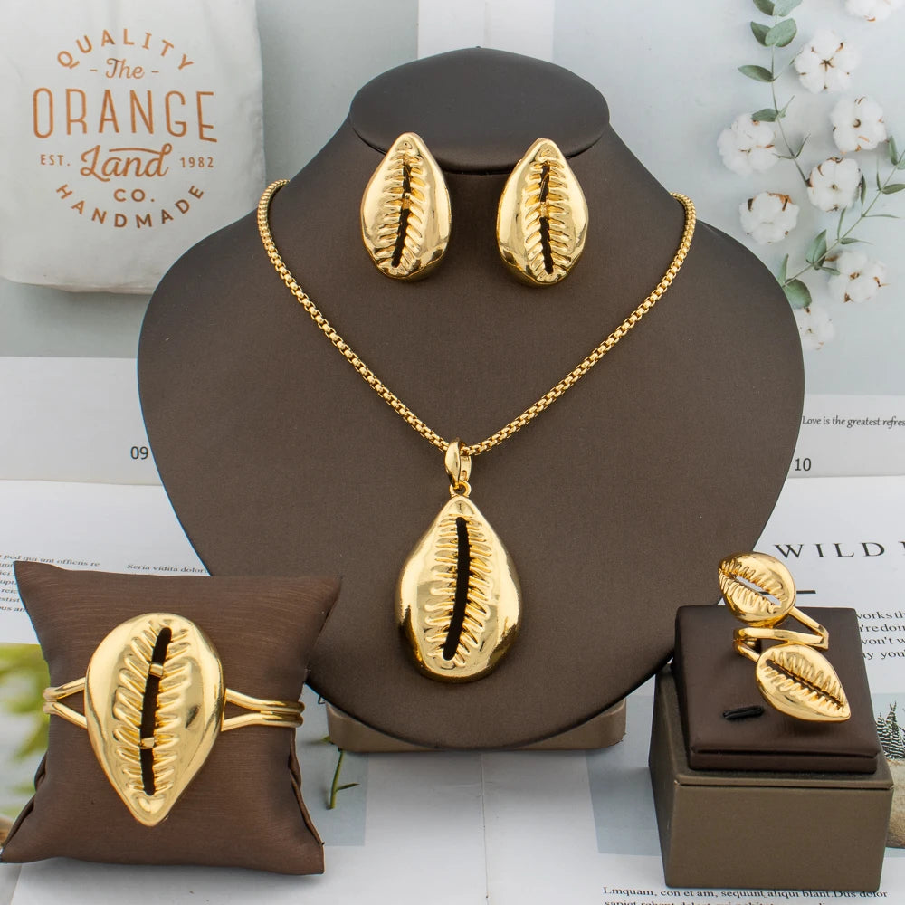 Jewelry Set Copper Women African Shell Shape Design Earrings Pendant Bracelet Ring Dubai Arab Turkis Jewelry