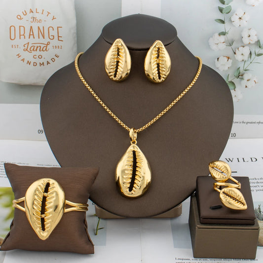 Jewelry Set Copper Women African Shell Shape Design Earrings Pendant Bracelet Ring Dubai Arab Turkis Jewelry