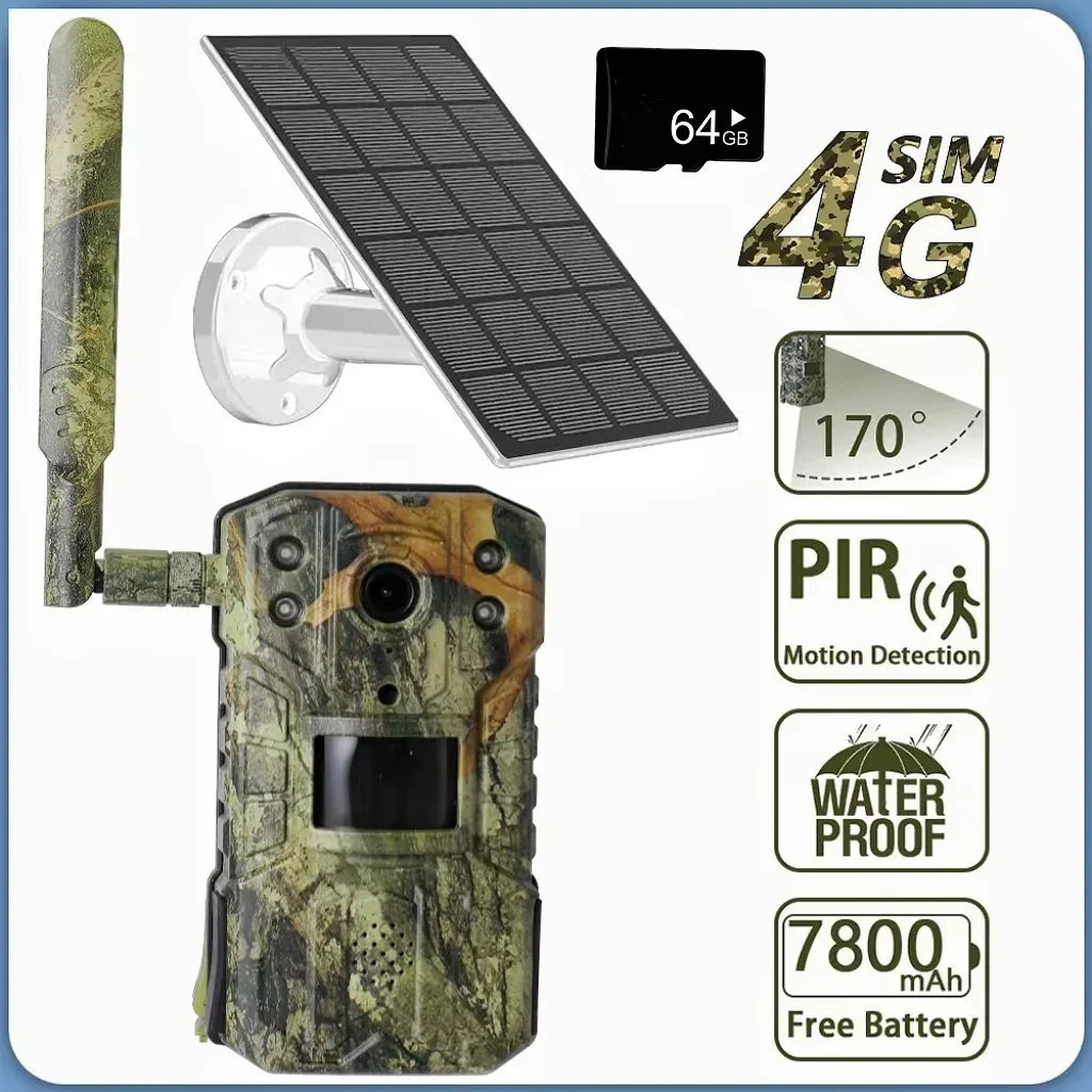 Solar shooting Trail Camera 20M PIR Motion Detection storm Camera 4K 14MP 4G SIM Card 30M Nigh Vision mAh