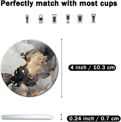 Black Marble Coasters Absorbent Ceramic Drink Non-Slip Cork Base Round Bar Suitable for coffee tea wine and more