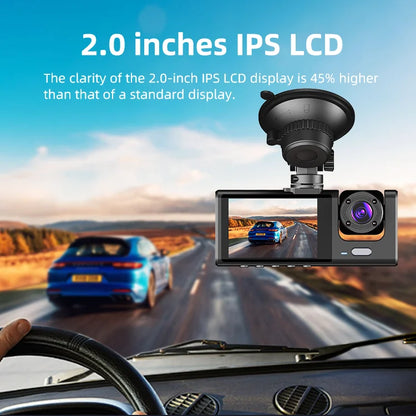 3 Lens Black Box HD 720P Dashcam Front Inside and Rear 3 Channel Vehicle DVR Dash Cam with 2 Inch LCD Screen Car Camcorder