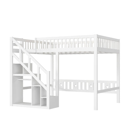 Rosahqnda children's high bed 90x200 cm 140x200 cm, children's bed with crash protection, stair, storage space, bunk bed, solid wood