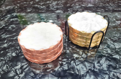 Natural White Ceramic Coaster 4 Pcs Set Gold Rose Gold Foil Hammered Edges Eco-Friendly Black Iron Metal Holder Eva Felt Pad