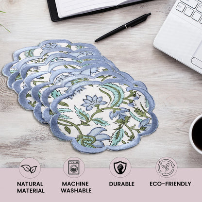 Ridhi Trending New Sky Blue Set of 8 Coasters Hand Block Printed & Embroidered Scallops Coasters for Drinks Wholesale Product