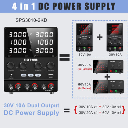NICE POWER SPS3010-2KD Switch Dual DC Regulated Power Supply 30V 60V 10A 20A LED Adjustable Double Channel Bench Power Source