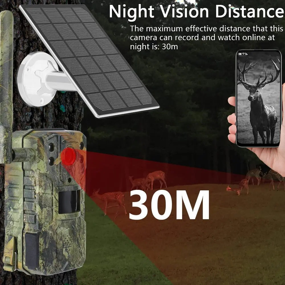 Solar shooting Trail Camera 20M PIR Motion Detection storm Camera 4K 14MP 4G SIM Card 30M Nigh Vision mAh
