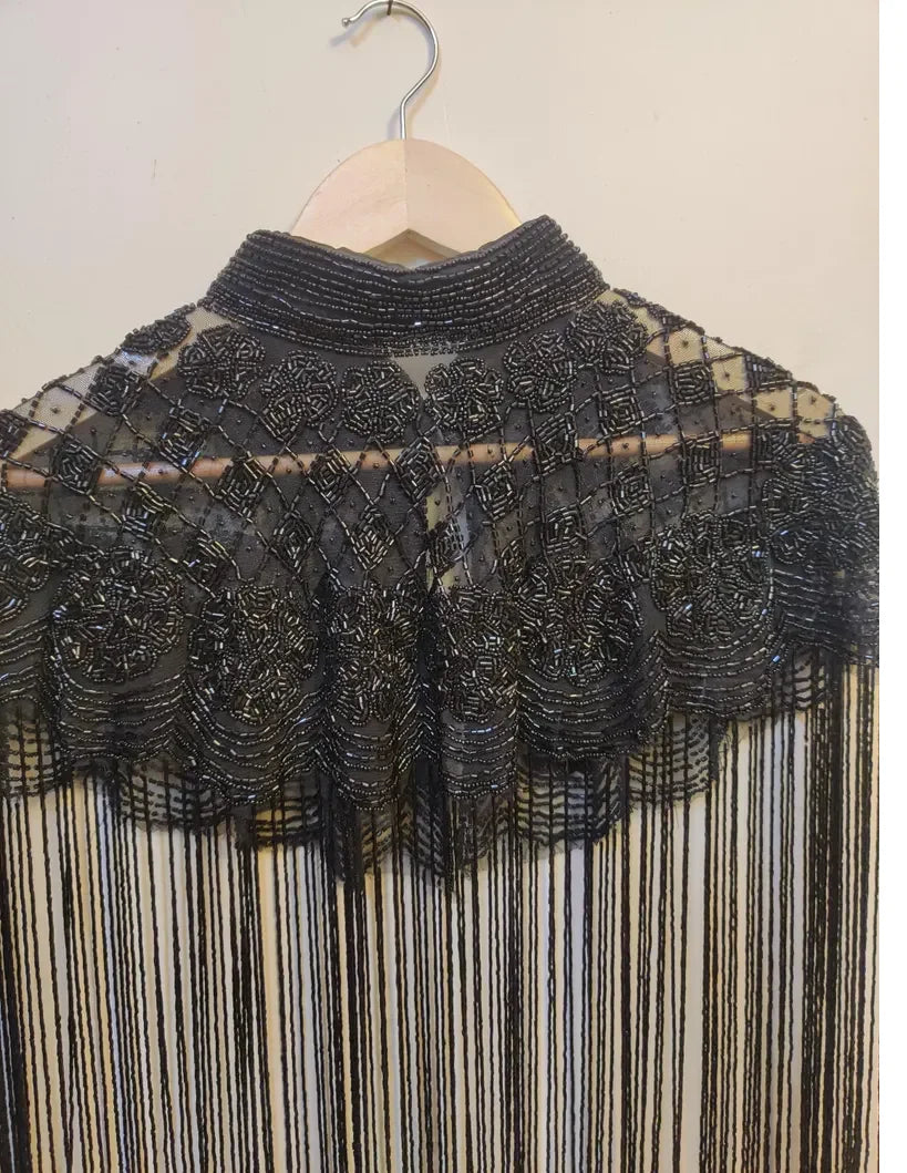 Designer Embroidered Poncho Beaded Crystal Decorations Anti-Static Organza Fabric Hand Fringes Elegant Evening Dresses for
