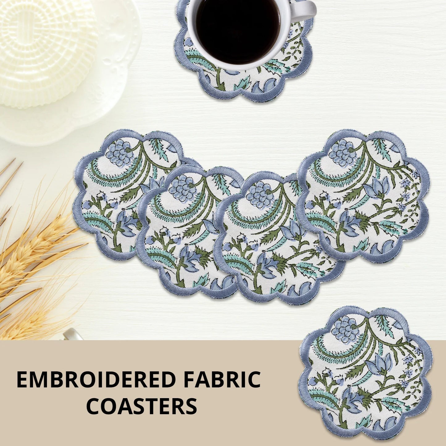 Ridhi Trending New Sky Blue Set of 8 Coasters Hand Block Printed & Embroidered Scallops Coasters for Drinks Wholesale Product