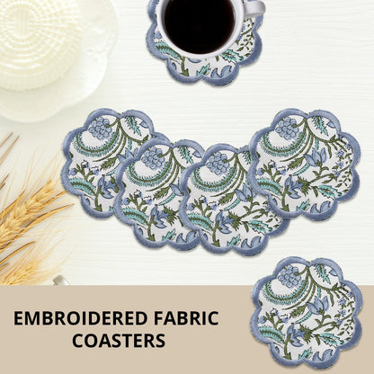 Ridhi Trending New Sky Blue Set of 8 Coasters Hand Block Printed & Embroidered Scallops Coasters for Drinks Wholesale Product