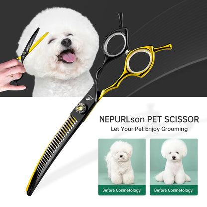 7.5inch Black&Gold Japan 440c Curved Fishbone/Dense Scissors  Paint  Shaped Scissors Pet Grooming Veterinary  Scissors PT-173