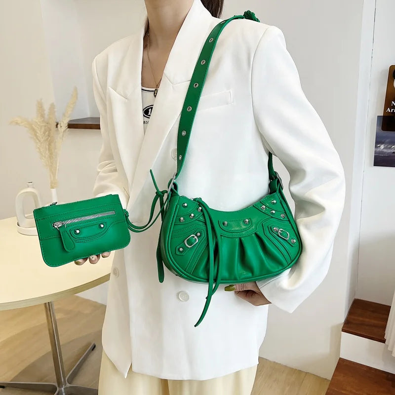 MOQ 1PC Wholesale Ladies Rivet Classic Motorcycle 2-in-1 Crescent Pleated One Shoulder Messenger Underarm Dumpling Bag