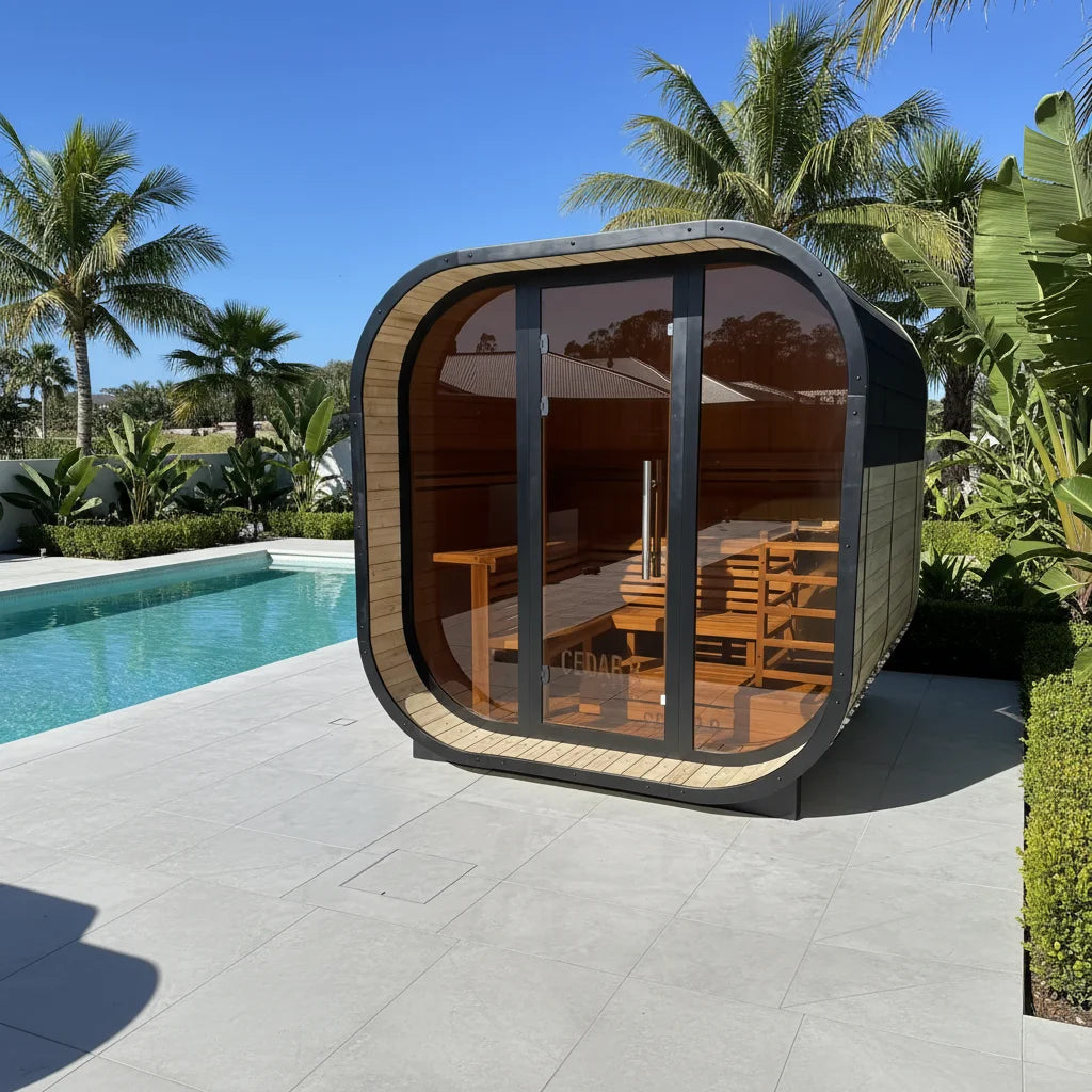Luxury Carbonized Spruce Outdoor Sauna Electric Heater Cube Barrel Sauna Cabin for Hotel Resort Villa Backyard Garden