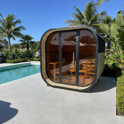 Luxury Carbonized Spruce Outdoor Sauna Electric Heater Cube Barrel Sauna Cabin for Hotel Resort Villa Backyard Garden