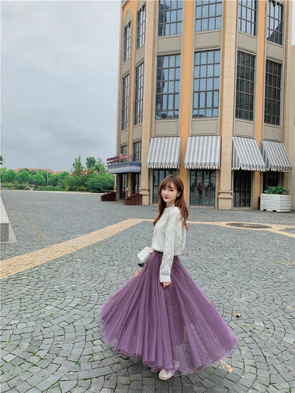 TingYiLi Elegant Tulle Skirt Autumn Winter Big Swing Women Skirt Korean Cute Pink Green Gray Blue Brown Black Long Skirt Tutu