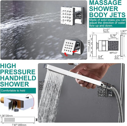 Dual Shower System 15.7x31.5" Rainfall Chrome Rain Shower Handheld Brass 6" Shower Heads Featuring 6pcs Body Jets Soft Spray