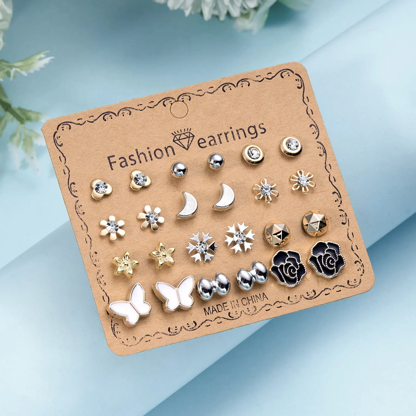 84Pairs Multi-style Stud Earrings for Women, Elegant Butterfly Strawberry Heart Daisy Flower Earrings, Multiple Month Design