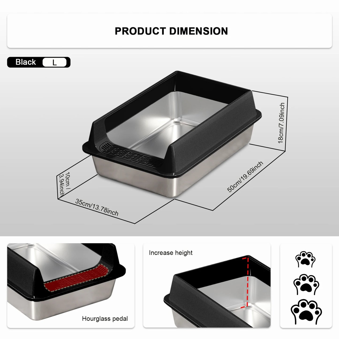 Stainless Steel Semi-closed Rectangular Cat Litter Box with Top-in Lid Anti-splash High Fence Pet Cleaning