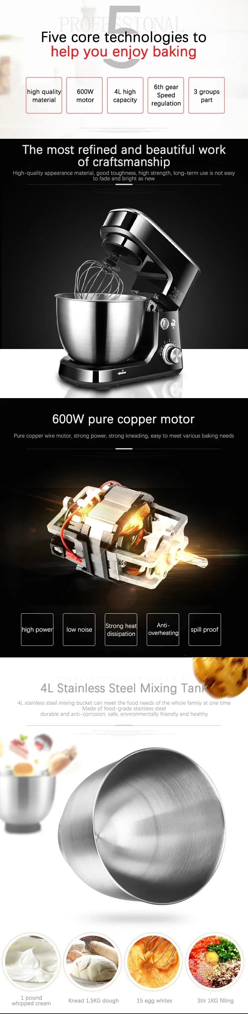 AC220-240V 50-60HZ 600W POWER 4L bowl Powerful home use mini food mixer hand mixer stand mixer Polupar Dough Cream Mixer muliuse