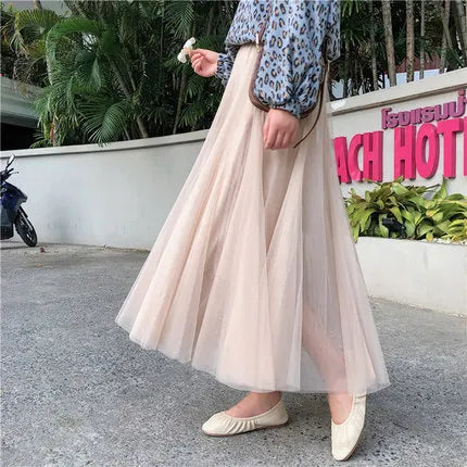 TingYiLi Elegant Tulle Skirt Autumn Winter Big Swing Women Skirt Korean Cute Pink Green Gray Blue Brown Black Long Skirt Tutu