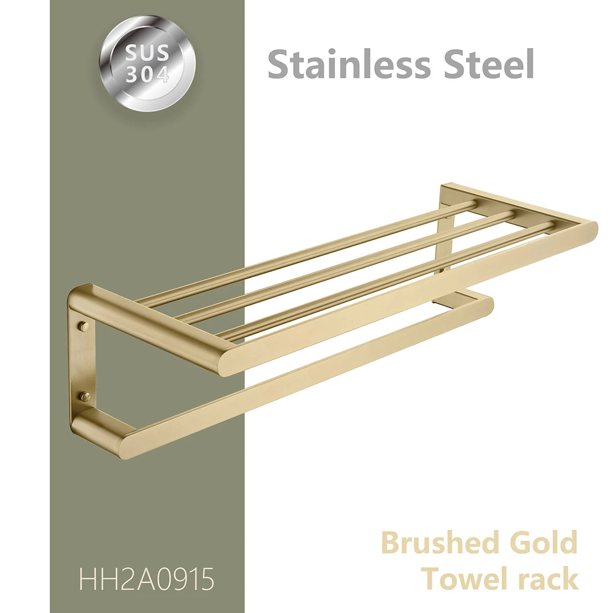 Brushed Gold Bathroom Accessories Stainless Steel in Wall Mounted Bath square Towel Holder Shelf with Towel bar Hanger Hardware