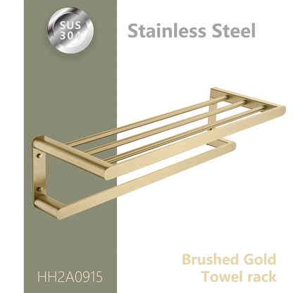 Brushed Gold Bathroom Accessories Stainless Steel in Wall Mounted Bath square Towel Holder Shelf with Towel bar Hanger Hardware